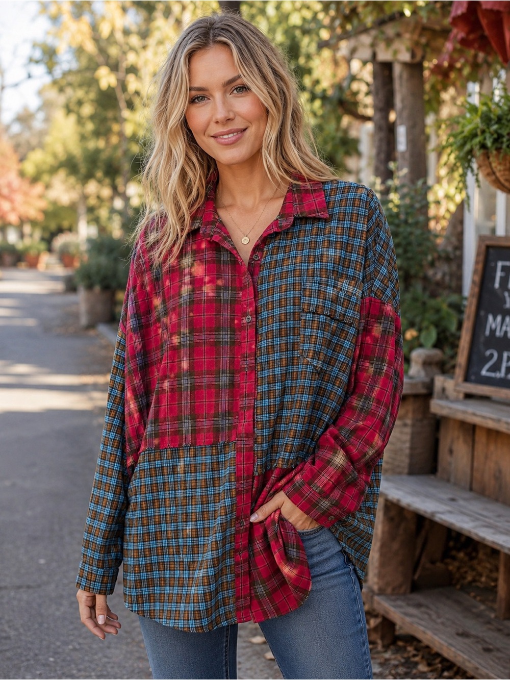 Patchwork Plaid Button-Down Shirt - Red & Blue - Distressed bleached flannel